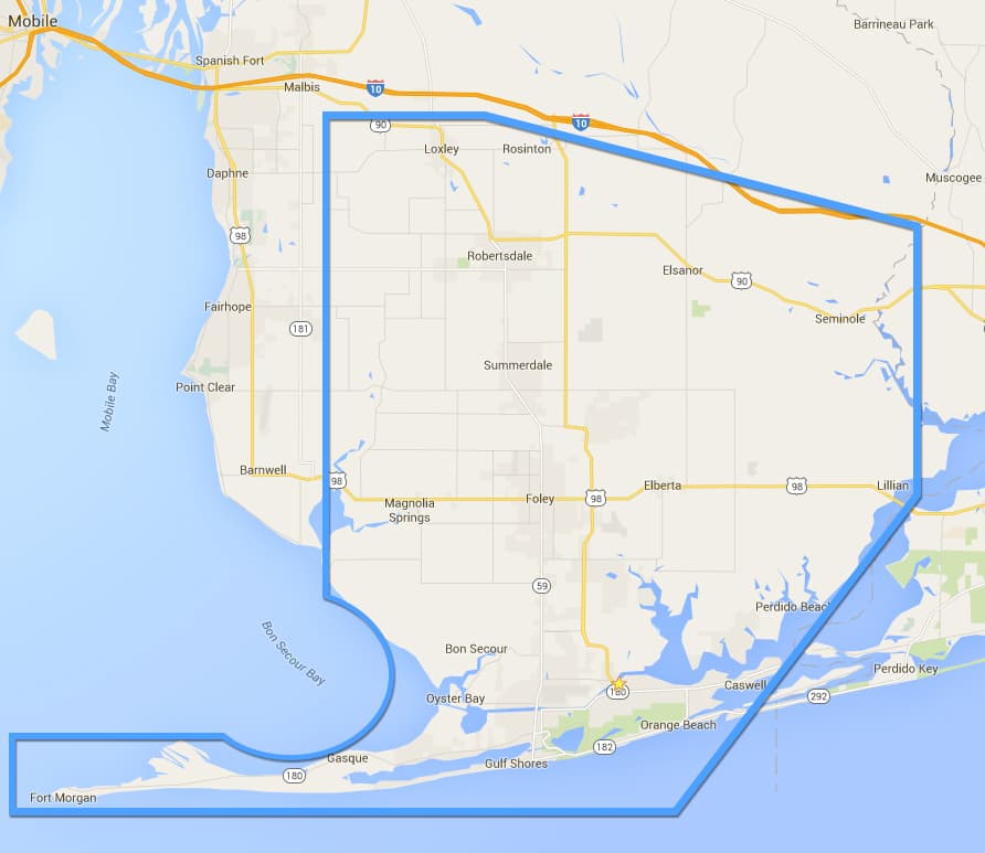 Snook Foundation service area map of South Baldwin County, Alabama